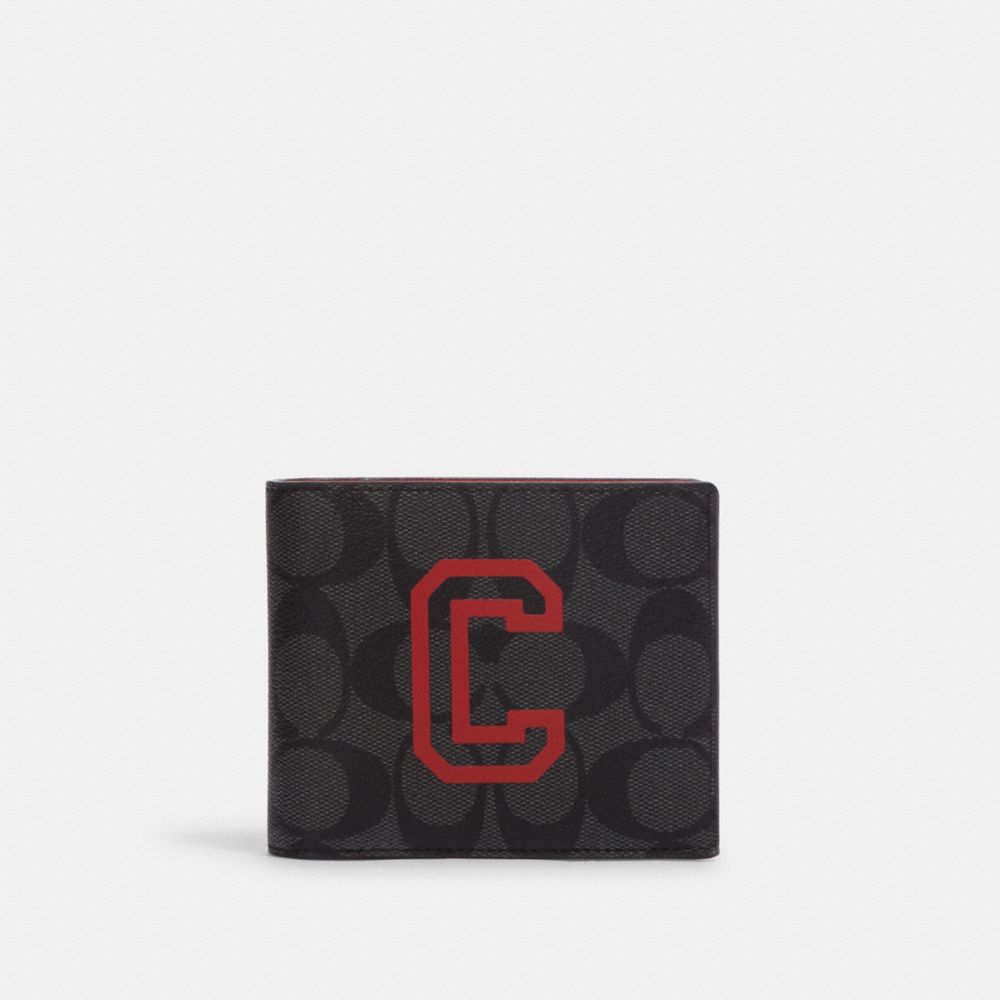 3 In 1 Wallet In Signature Canvas With Varsity Motif - CF611 - Black Antique Nickel/Charcoal/Bright Poppy
