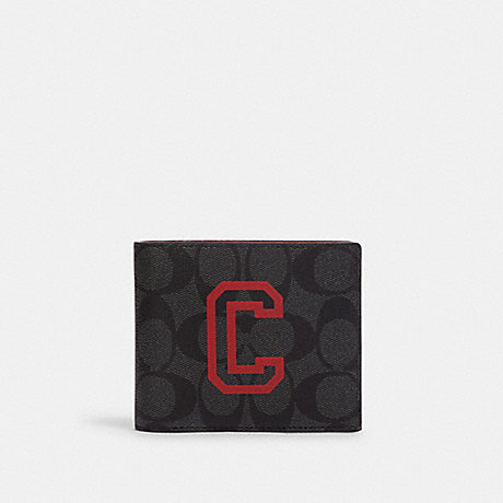 COACH CF611 3 In 1 Wallet In Signature Canvas With Varsity Motif Black-Antique-Nickel/Charcoal/Bright-Poppy