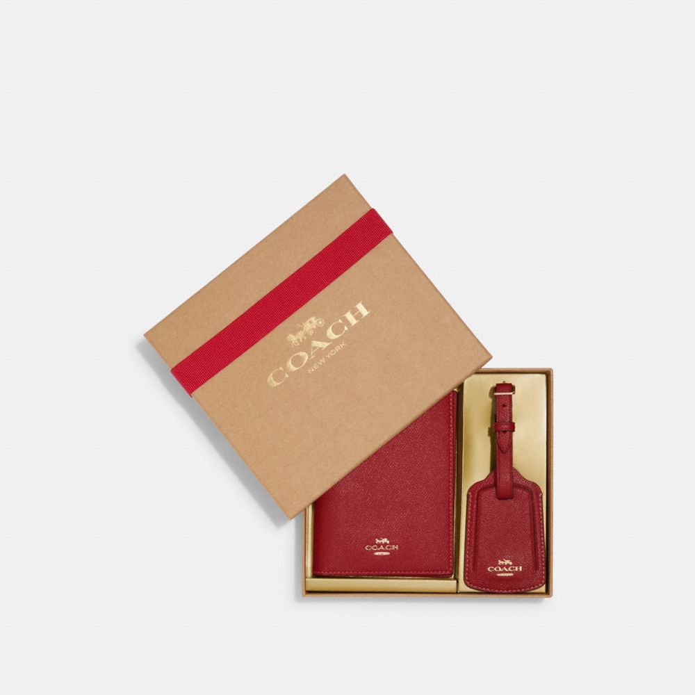 COACH CF826 Boxed Passport Case And Luggage Tag Set Gold/1941 Red