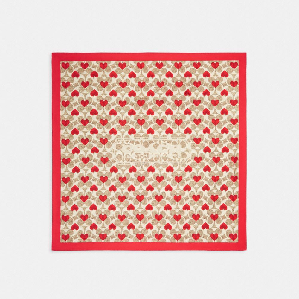COACH CF859 Textured Signature Heart Print Silk Square Scarf Khaki/Red