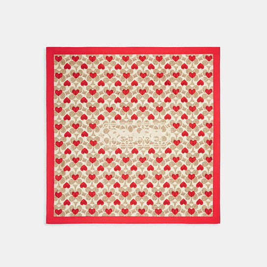 CF859 - Textured Signature Heart Print Silk Square Scarf Khaki/Red