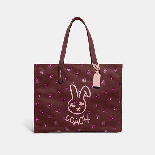 CF926 - Lunar New Year Tote 42 With Rabbit In 100 Percent Recycled Canvas Brass/Wine Multi