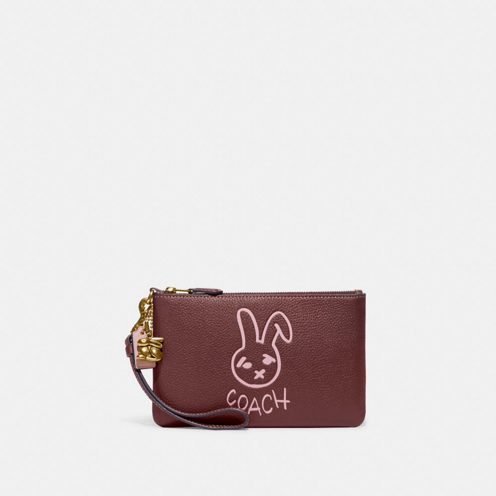 COACH CF938 Lunar New Year Small Wristlet With Rabbit Brass/Wine Multi