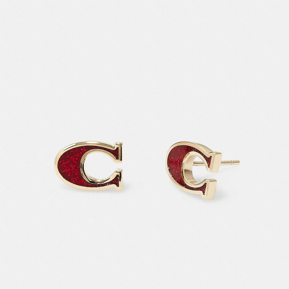 COACH CF982 Signature Enamel Stud Earrings GOLD/RED GLITTER