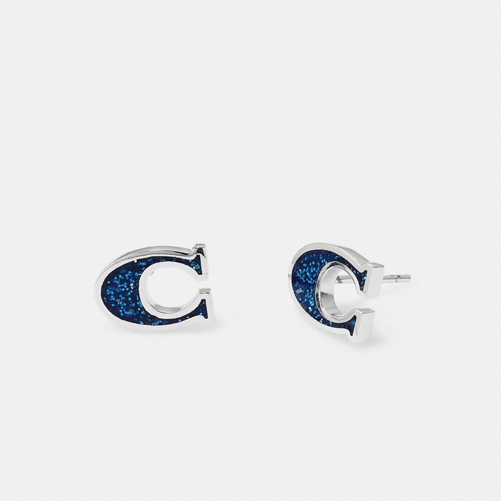 COACH CF982 Signature Enamel Stud Earrings Silver/Blue Glitter