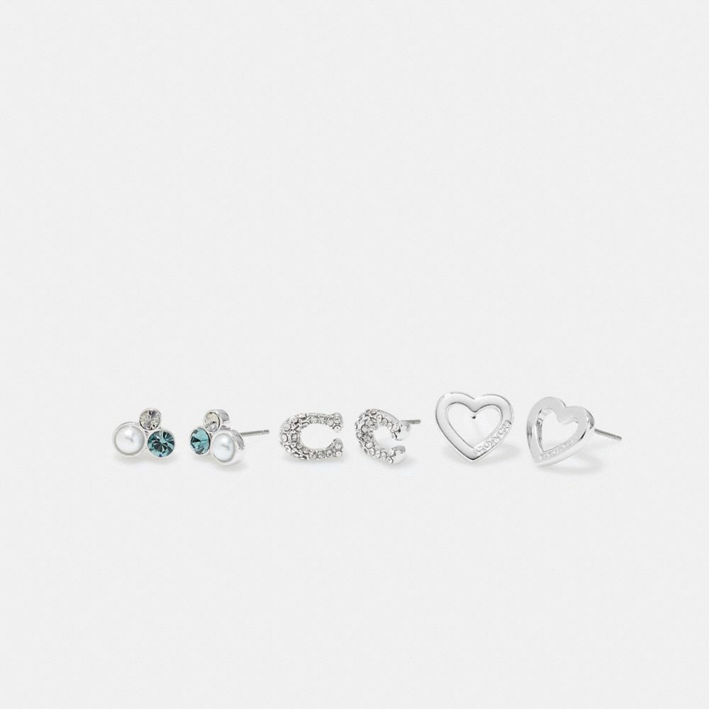 COACH CF983 Signature Stone Cluster Heart Earrings Set Silver/Blue