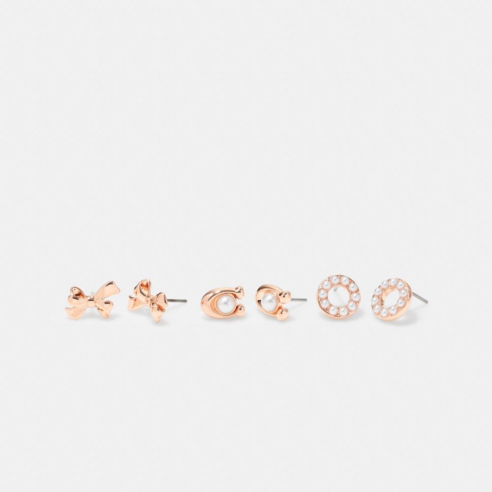 COACH CF984 Signature Pearl Bow Earrings Set Rose Gold