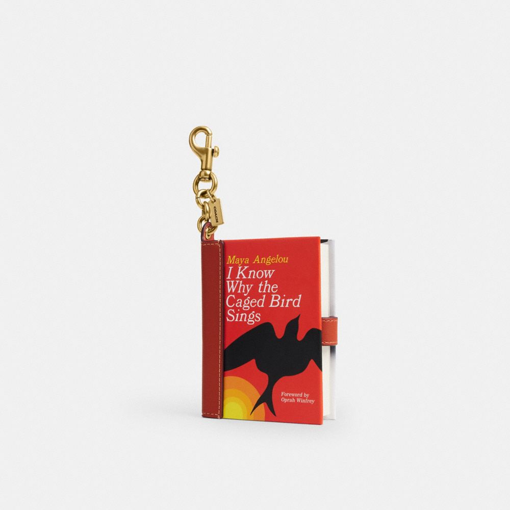 COACH&reg;,I Know Why The Caged Bird Sings By Maya Angelou Book Bag Charm,Leather,Bag Charm,Paper,Metal Material,3D Embellishm...,Red,Front View