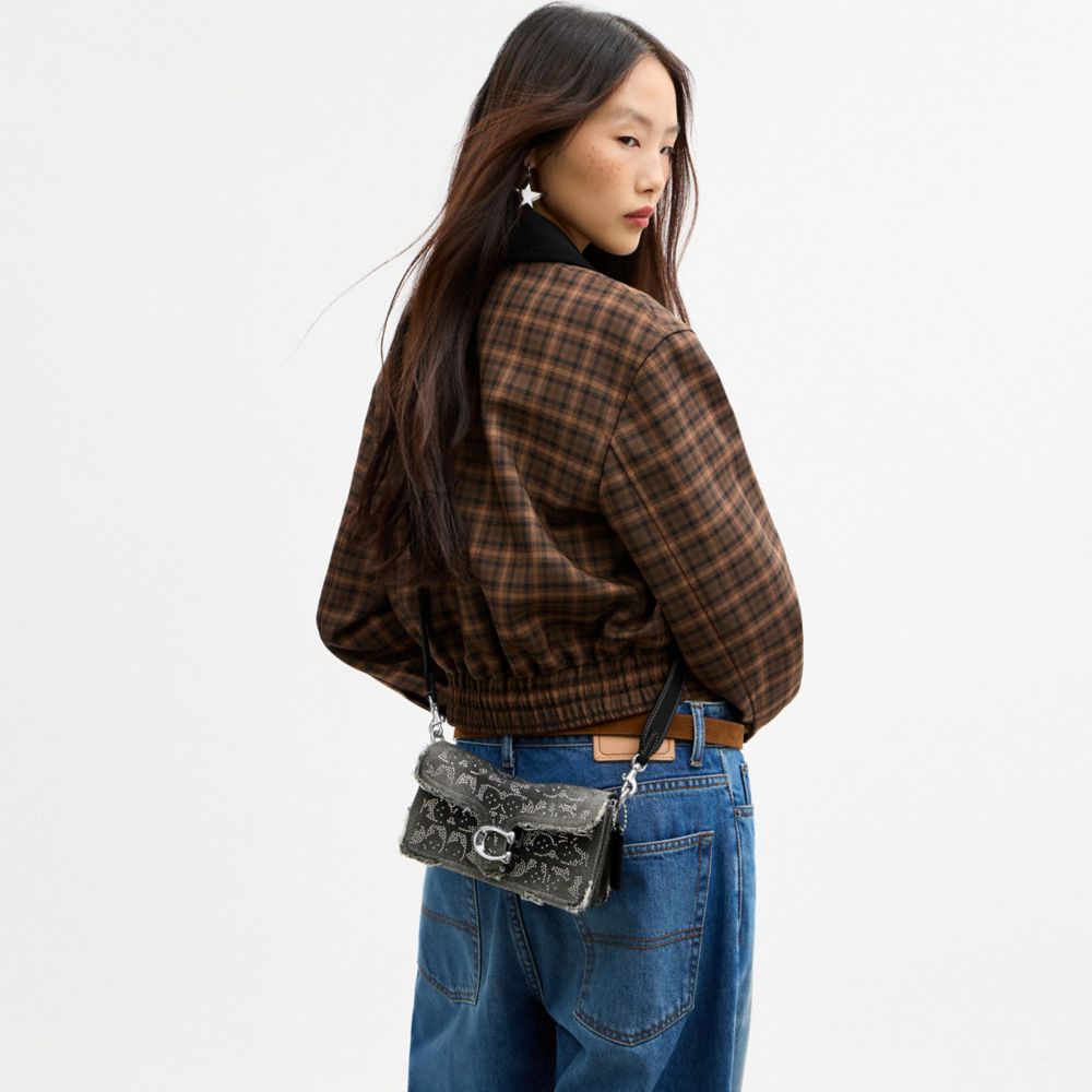 TABBY SHOULDER BAG 20 IN REGENERATIVE COTTON DENIM WITH LOVED CRYSTAL SIGNATURE
