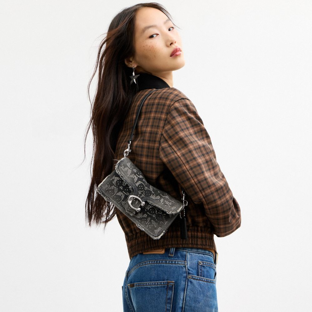TABBY SHOULDER BAG 20 IN REGENERATIVE COTTON DENIM WITH LOVED CRYSTAL SIGNATURE
