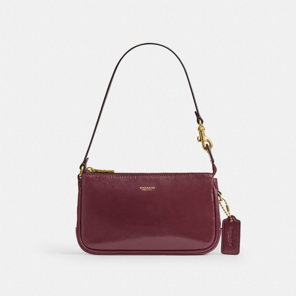 COACH®,Plaza Bag 18,Cotton,Leather,Wristlet,Shoulder Bag,Adjustable,Compact,Gold Metal,Formal,Maroon,Front View
