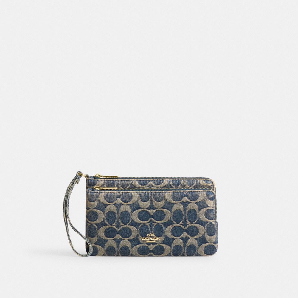 COACH®,Double Zip Wristlet In Signature Regenerative Cotton Denim,,Front View