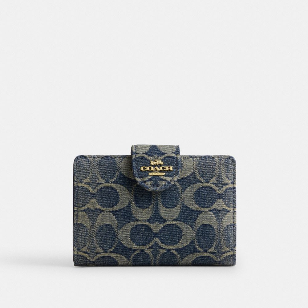 COACH®,Medium Corner Zip Wallet In Signature Regenerative Cotton Denim,,Front View