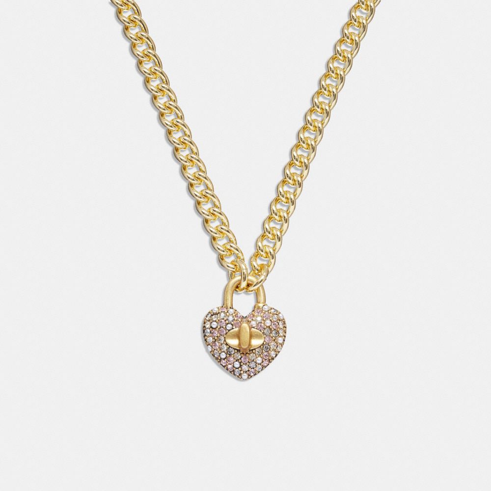 COACH CG082 Heart Turnlock Pavé Chain Link Necklace Gold/Pink Multi