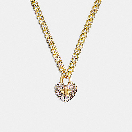 COACH CG082 Heart Turnlock Pavé Chain Link Necklace Gold/Pink-Multi