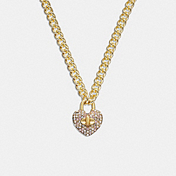 COACH CG082 Heart Turnlock Pavé Chain Link Necklace GOLD/PINK MULTI