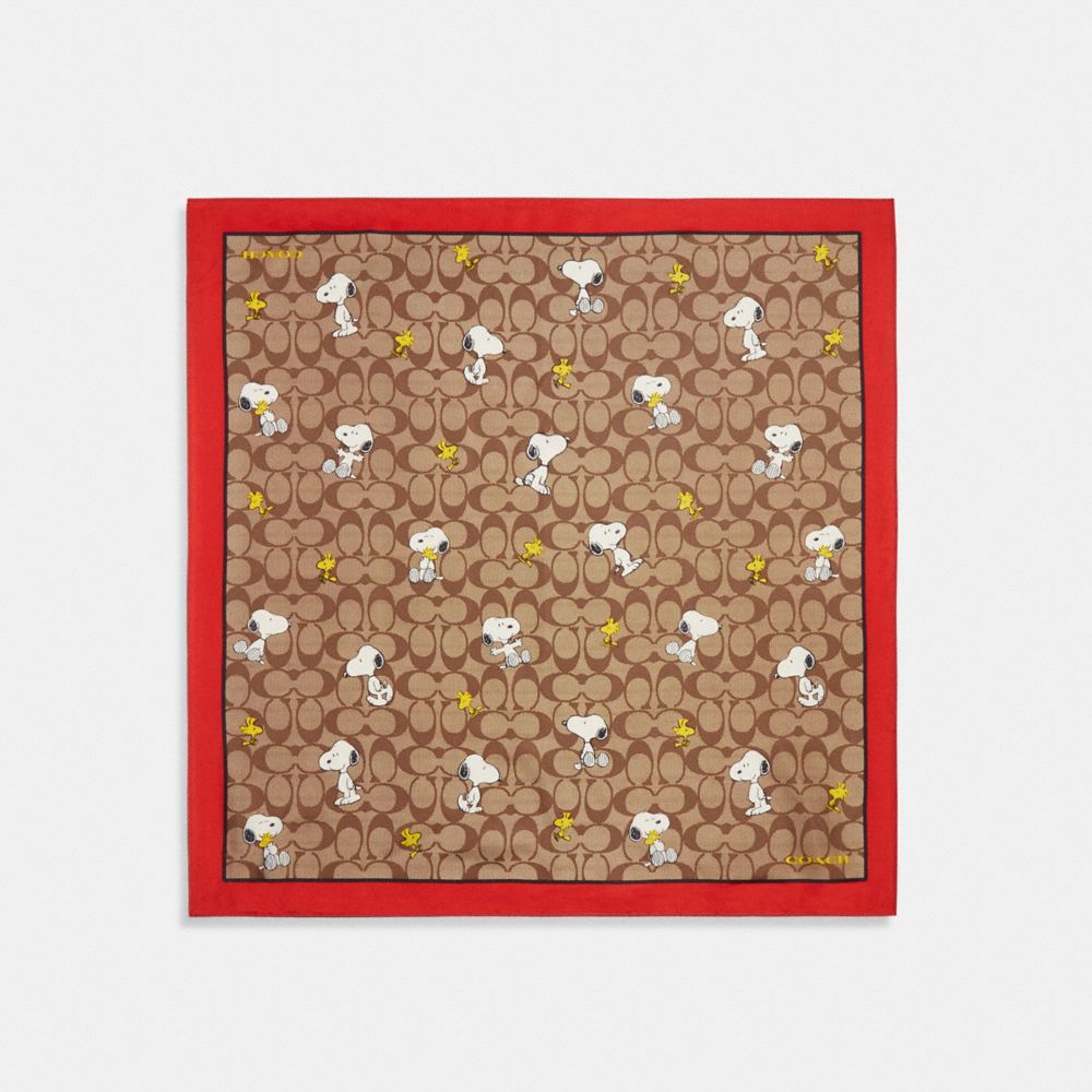 Coach X Peanuts Signature Silk Bandana With Snoopy Woodstock Print - CG157 - Khaki/Red