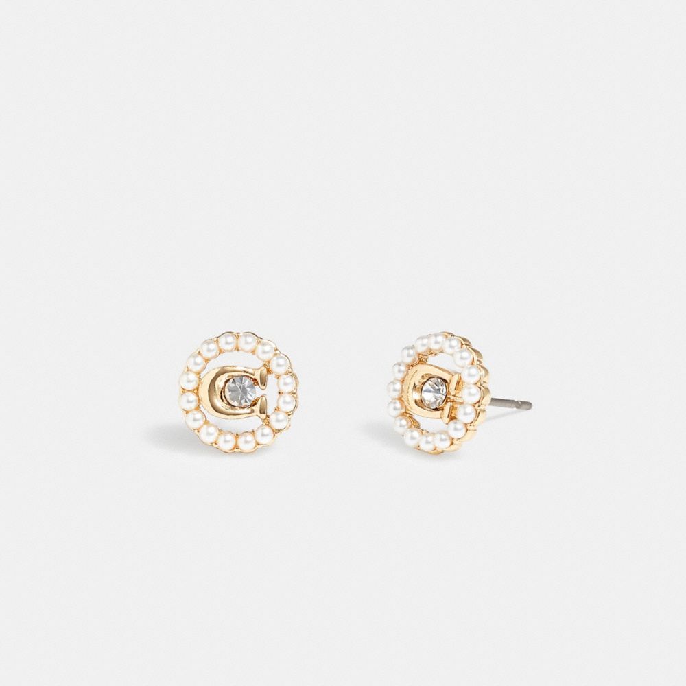 COACH CG161 Sculpted C Pearl Stud Earrings GOLD