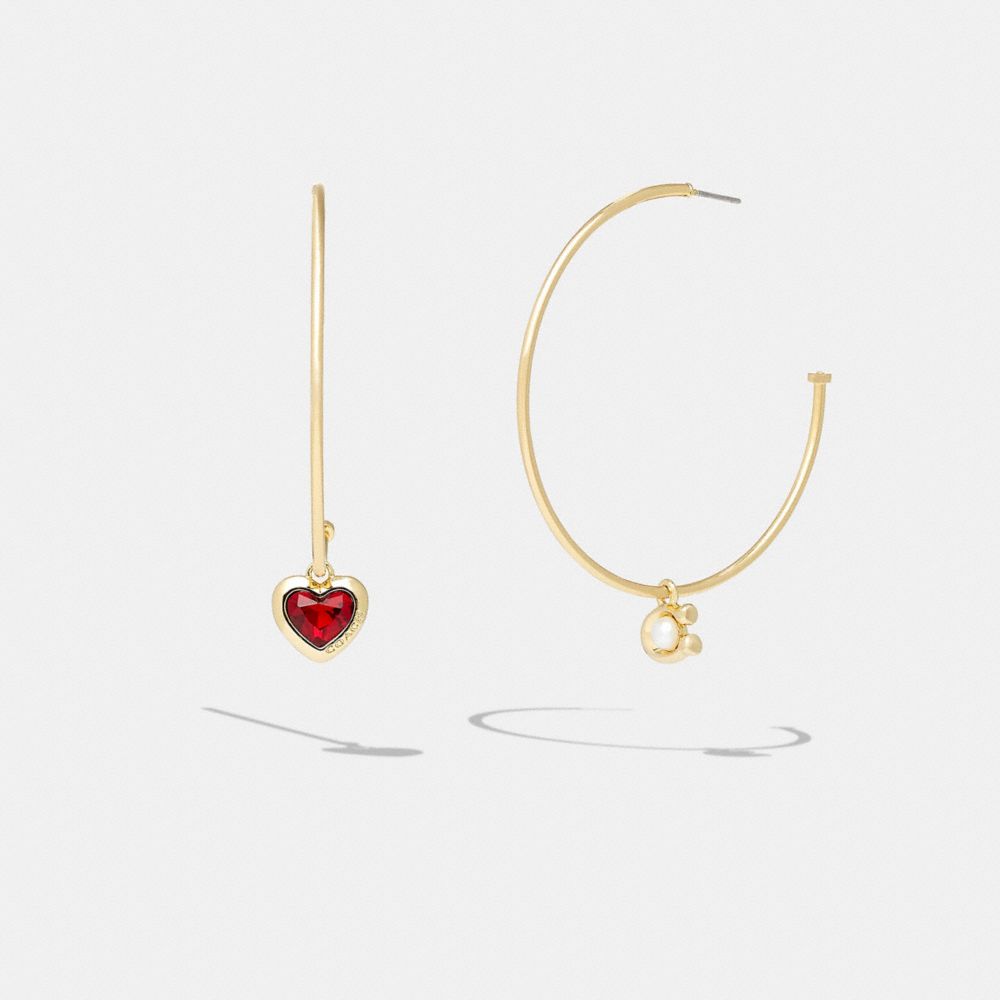 CG189 - Signature Stone And Heart Mismatch Hoop Earrings Gold/Red