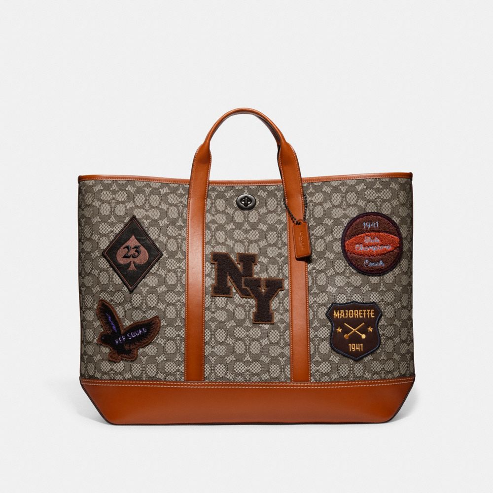 COACH CG206 Toby Turnlock Tote In Signature Textile Jacquard With Varsity Patches Cocoa Multi