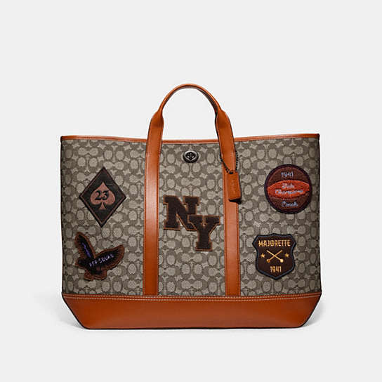 CG206 - Toby Turnlock Tote In Signature Textile Jacquard With Varsity Patches Cocoa Multi