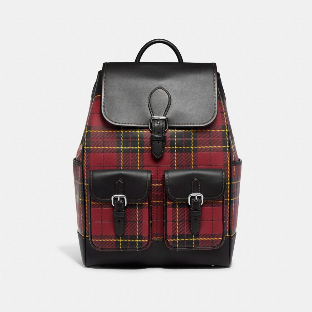 COACH CG207 Frankie Backpack With Plaid Print CHERRY MULTI