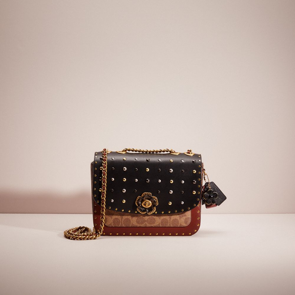 CG419 - Upcrafted Madison Shoulder Bag In Signature Canvas With Rivets And Snakeskin Detail Brass/Tan/Rust