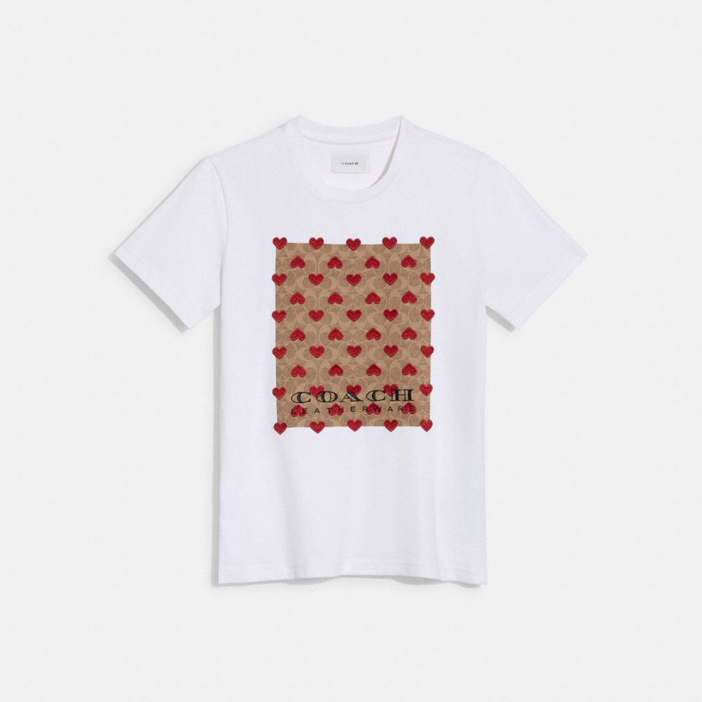 COACH CG577 Signature Heart T Shirt In Organic Cotton White/Khaki Multi