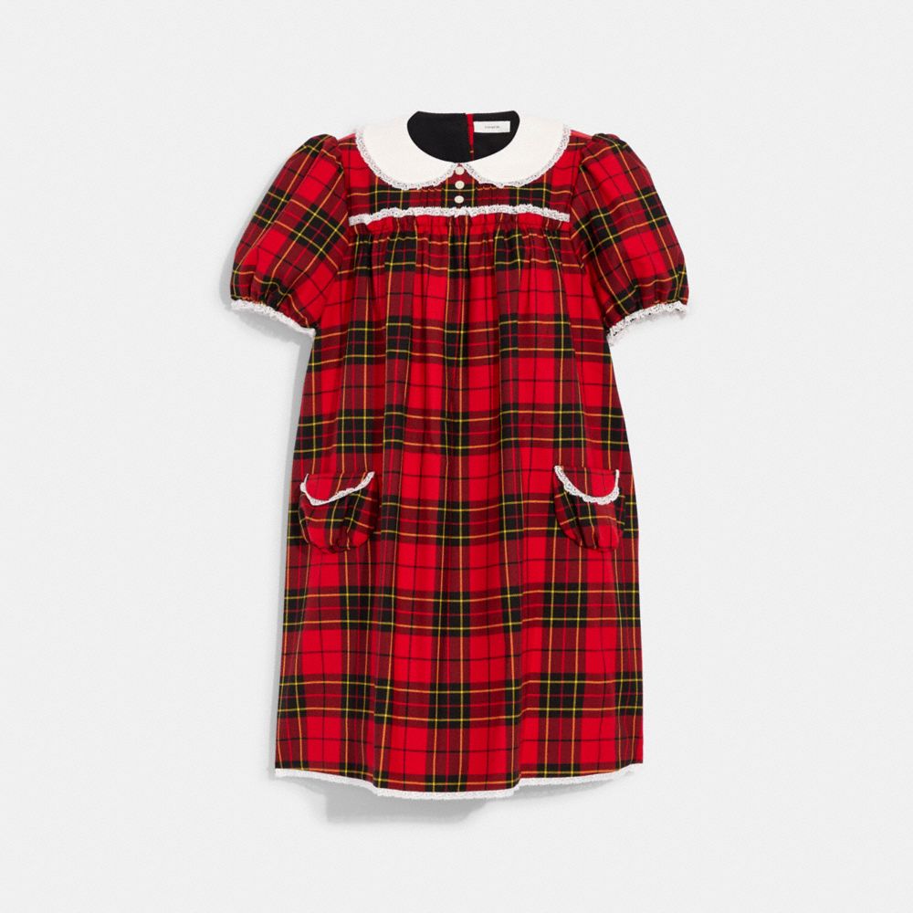 COACH CG584 Tartan Babydoll Dress With Pockets Red Multi