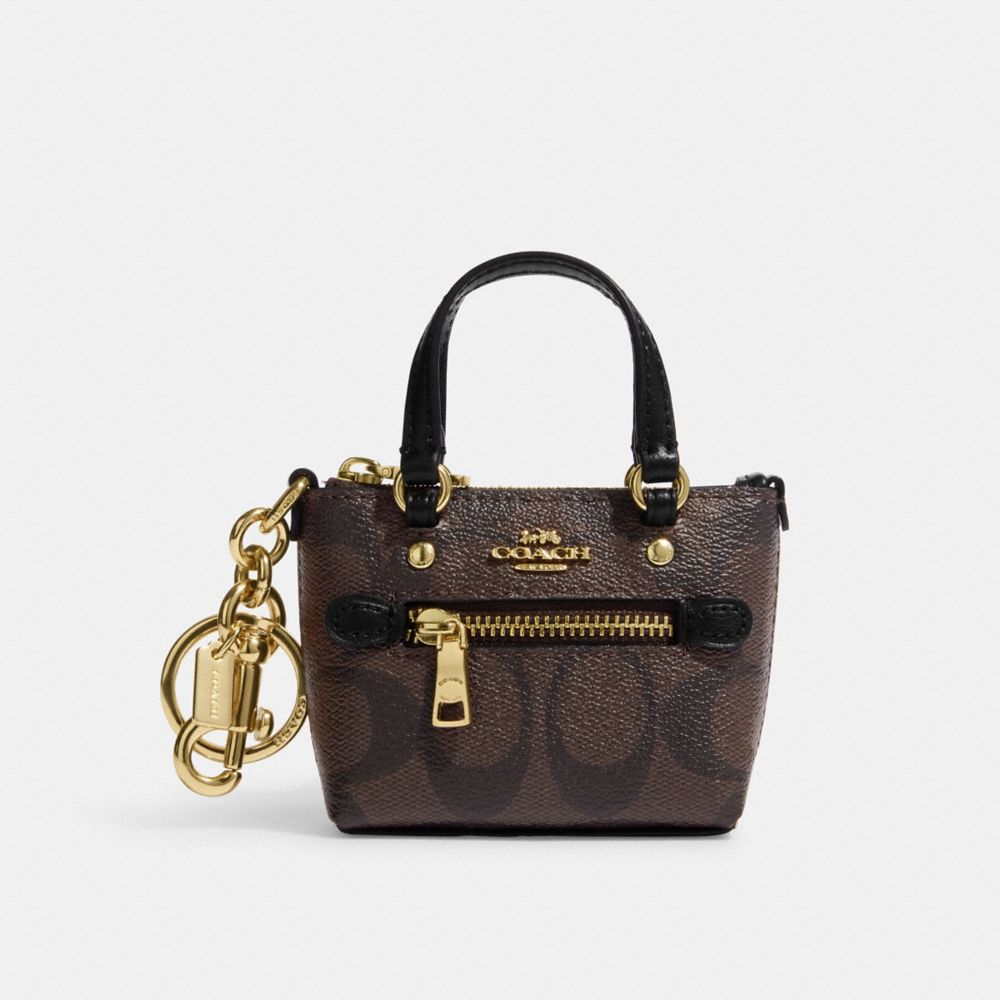 COACH CG605 Mini Gallery Bag Charm In Signature Canvas Gold/Brown Black