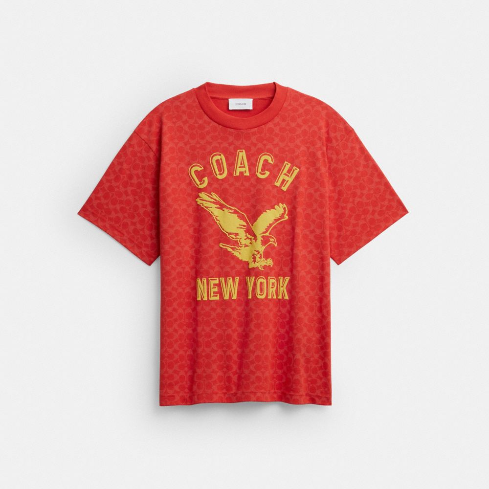 COACH®,Eagle Short Sleeve Relaxed T-Shirt In Organic Cotton,Organic Cotton,T Shirt,Graphic,Sustainable,Breathable,Casual,Red,Front View