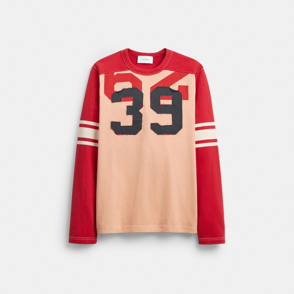 COACH®,Long Sleeve Varsity T-Shirt In Organic Cotton,,Front View