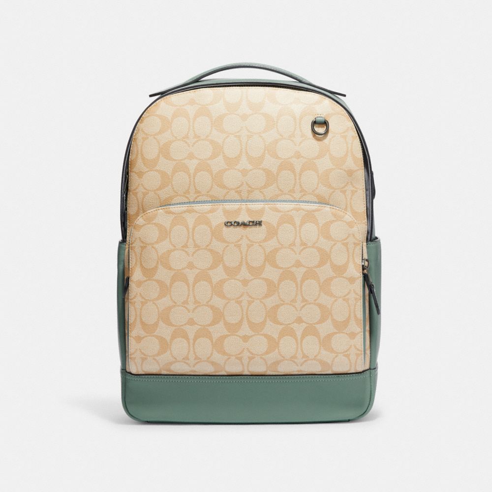 COACH CH058 Graham Backpack In Colorblock Signature Canvas Black Antique Nickel/Light Khaki/Sage