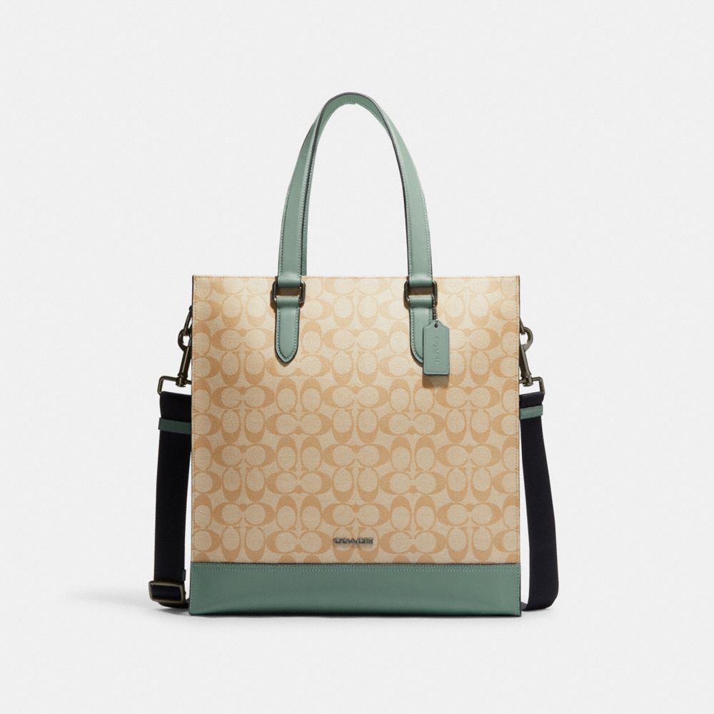 Graham Structured Tote In Colorblock Signature Canvas - CH063 - Black Antique Nickel/Light Khaki/Sage