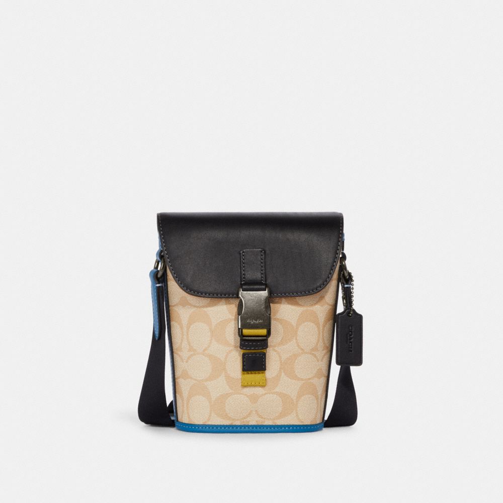 COACH CH071 Track Small Flap Crossbody In Colorblock Signature Canvas Black Antique Nickel/Light Khaki/Blue Jay Multi