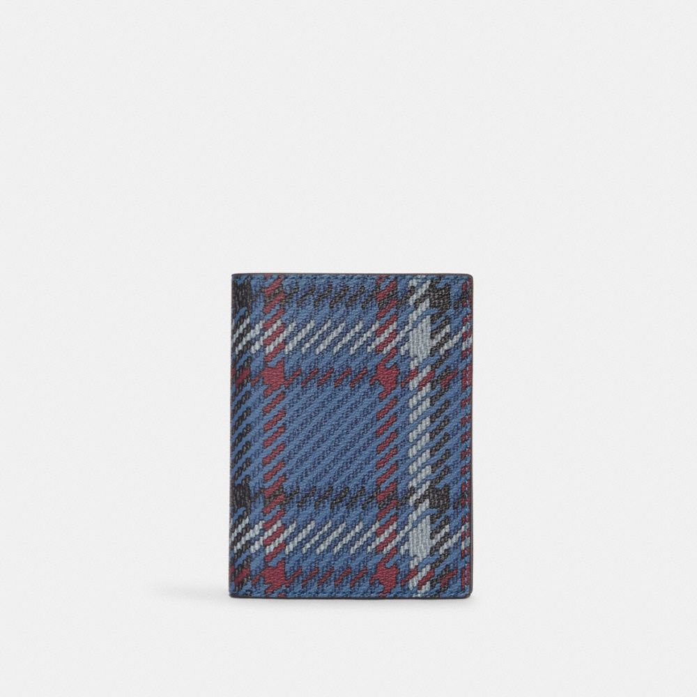 COACH CH082 Passport Case With Plaid Print GUNMETAL/MIDNIGHT NAVY MULTI