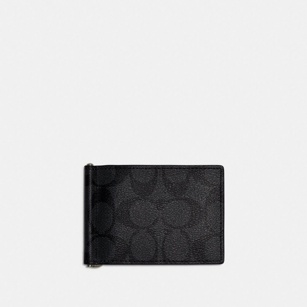 COACH CH086 Slim Money Clip Billfold Wallet In Signature Canvas Gunmetal/Charcoal/Black