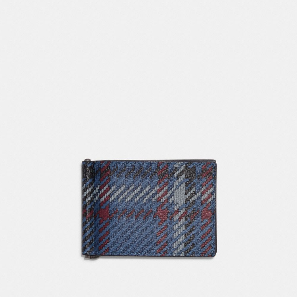 Slim Money Clip Billfold Wallet With Plaid Print - CH089 - Gunmetal/Midnight Navy Multi