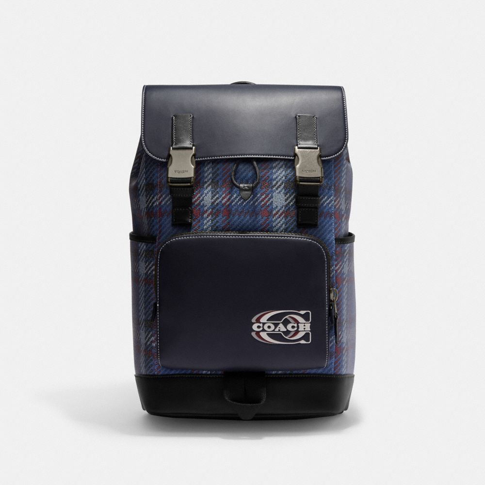 COACH CH102 Track Backpack With Plaid Print And Coach Stamp GUNMETAL/MIDNIGHT NAVY MULTI