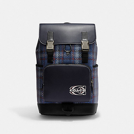 COACH CH102 Track Backpack With Plaid Print And Coach Stamp Gunmetal/Midnight-Navy-Multi