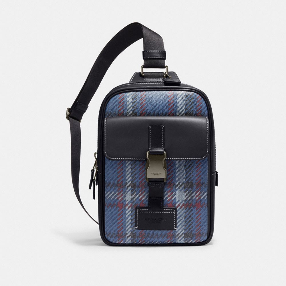 COACH CH104 Track Pack With Plaid Print Gunmetal/Midnight Navy Multi