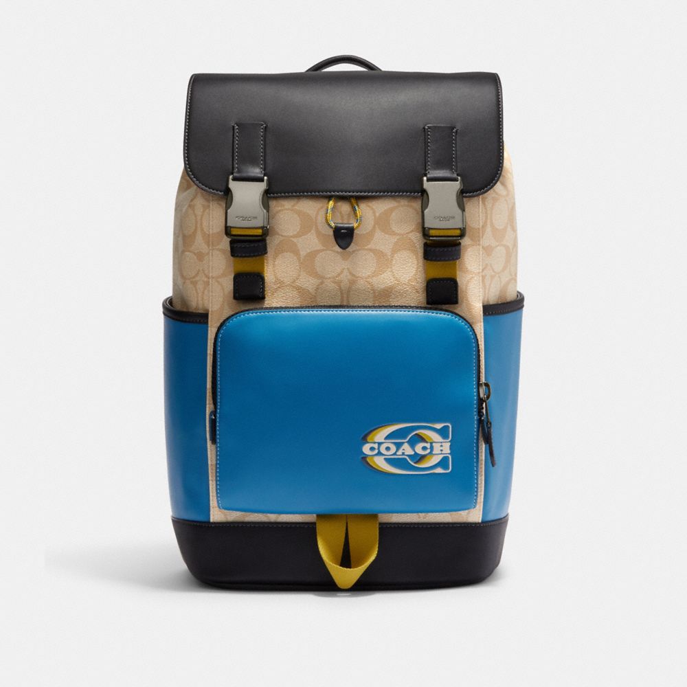 Track Backpack In Colorblock Signature Canvas With Coach Stamp - CH116 - Black Antique Nickel/Light Khaki/Blue Jay Multi