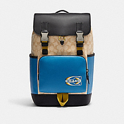 COACH CH116 Track Backpack In Colorblock Signature Canvas With Coach Stamp BLACK ANTIQUE NICKEL/LIGHT KHAKI/BLUE JAY MULTI