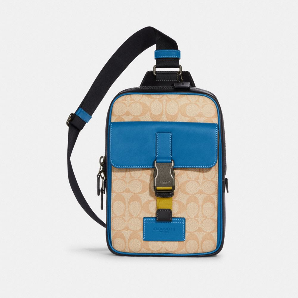 COACH CH117 Track Pack In Colorblock Signature Canvas Black Antique Nickel/Light Khaki/Blue Jay Multi