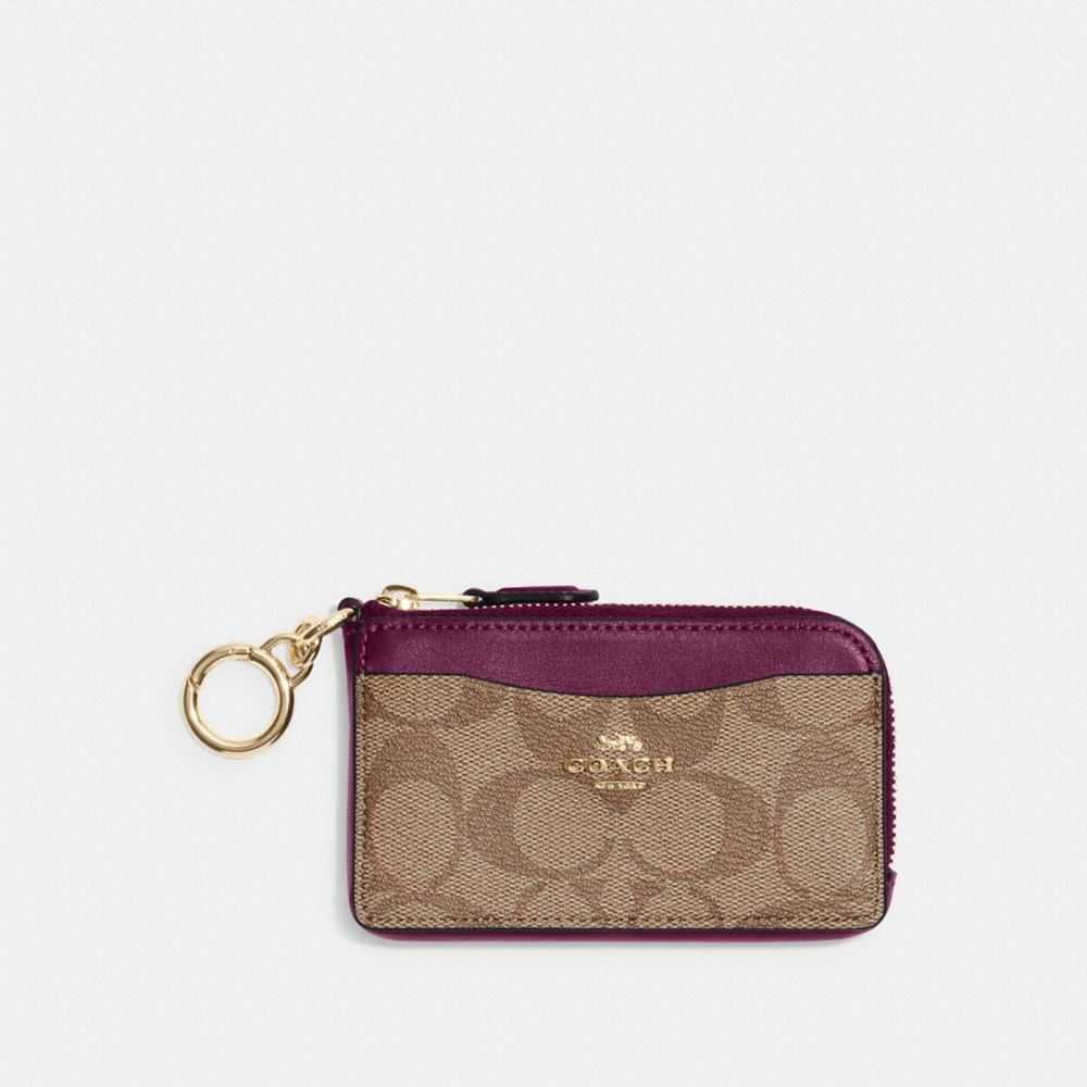 COACH CH163 Multifunction Card Case In Signature Canvas GOLD/KHAKI/DEEP BERRY