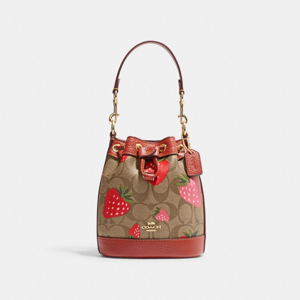 COACH CH164 Mini Dempsey Bucket Bag In Signature Canvas With Wild Strawberry Print Gold/Khaki Multi