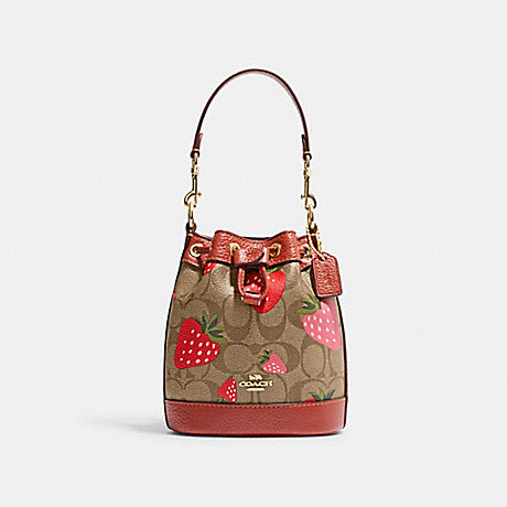COACH CH164 Mini Dempsey Bucket Bag In Signature Canvas With Wild Strawberry Print Gold/Khaki Multi