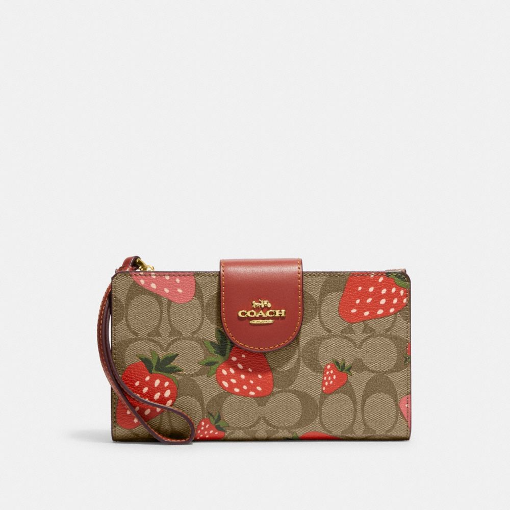 COACH CH165 Tech Wallet In Signature Canvas With Wild Strawberry Print GOLD/KHAKI MULTI