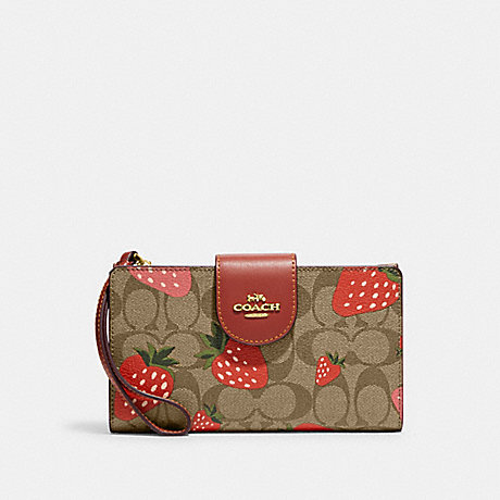 COACH CH165 Tech Wallet In Signature Canvas With Wild Strawberry Print Gold/Khaki-Multi
