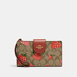 Tech Wallet In Signature Canvas With Wild Strawberry Print - CH165 - Gold/Khaki Multi